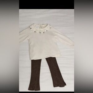 Zara Cream Top with Brown Checked Flared Pants Kids Matching Set.